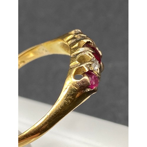 474 - A ruby and diamond ring 18ct gold size P 2.3 gms