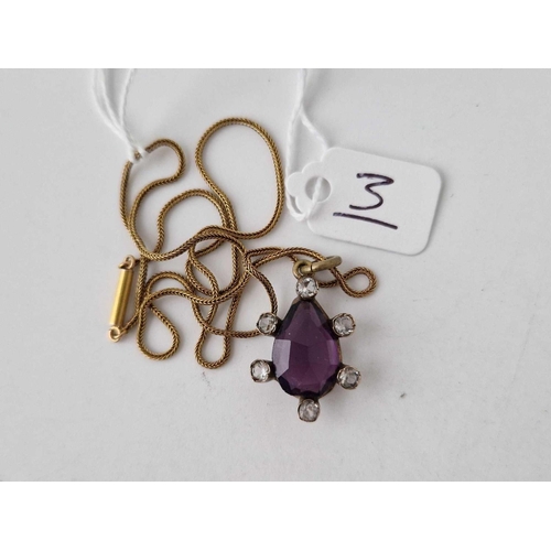 3 - A amethyst pear shaped pendant on a gold neck chain 16 inch in antique box from SJ Philips