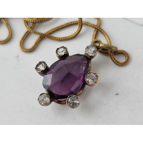 3 - A amethyst pear shaped pendant on a gold neck chain 16 inch in antique box from SJ Philips