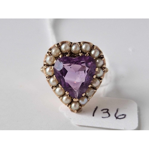 136 - A heart shaped ring set with central amethyst and pearls 9ct size N 8.2 gms