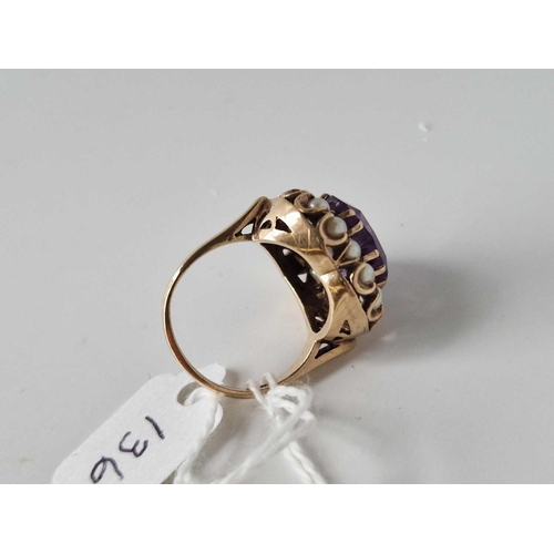 136 - A heart shaped ring set with central amethyst and pearls 9ct size N 8.2 gms