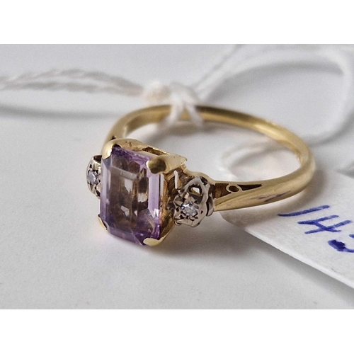 143 - Emerald cut amethyst & diamond 18ct h/m dress ring gold size M 3 gms