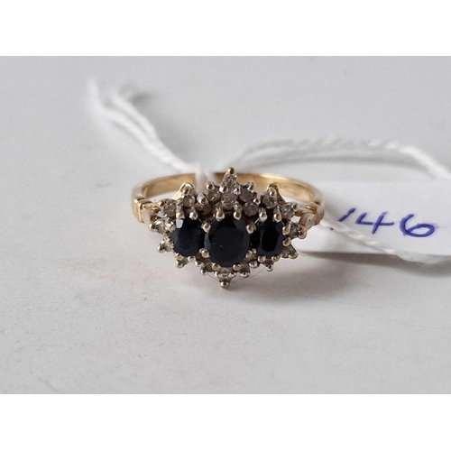 146 - Sapphire & Diamond dress ring Three graduated sapphires set with Diamonds size N 2.4g