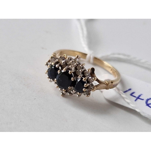 146 - Sapphire & Diamond dress ring Three graduated sapphires set with Diamonds size N 2.4g