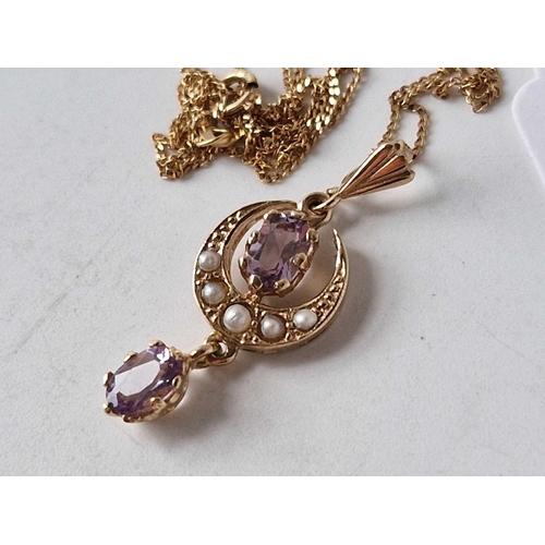 150 - Pretty pearl and amethyst Crescent shape pendant with amethyst drop with gold chain 17