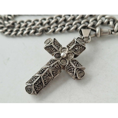 154 - A silver filagree cross and silver watch albert chain 14 inch 40 gms