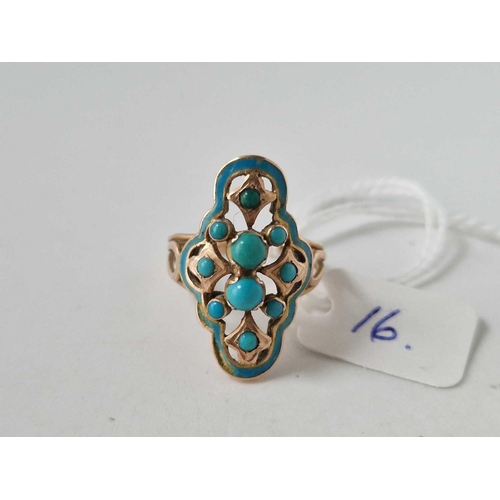 16 - A blue enamel and turquoise ring 14ct gold size Q 4,8 gms