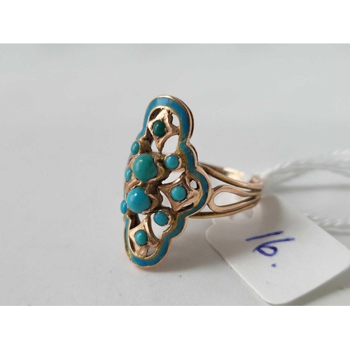 16 - A blue enamel and turquoise ring 14ct gold size Q 4,8 gms