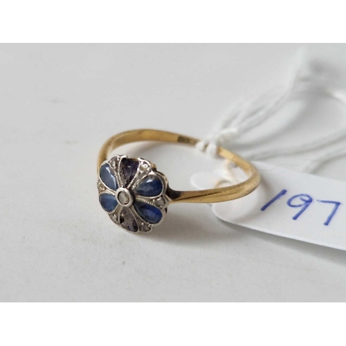 197 - A sapphire and diamond daisy head ring AF 18ct gold size P 1.9 gms