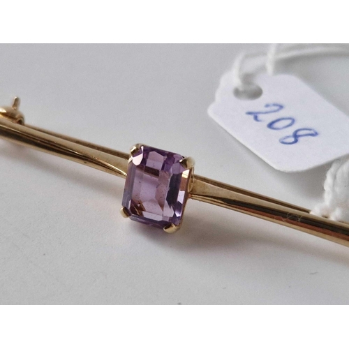 208 - A amethyst tone set bar brooch 9ct 3.8 gms