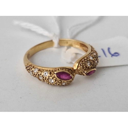 216 - A attractive ruby and diamond snake ring 18ct gold 3 gms