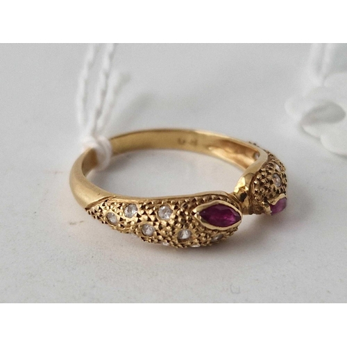 216 - A attractive ruby and diamond snake ring 18ct gold 3 gms