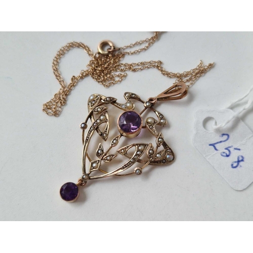 258 - A art nouveau amethyst and pearl pendant and neck chain 9ct 15 inch