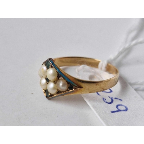 259 - A EARLY VICTORIAN PEARL EMERALD AND ENAMEL RING 18CT GOLD SIZE O BOXED