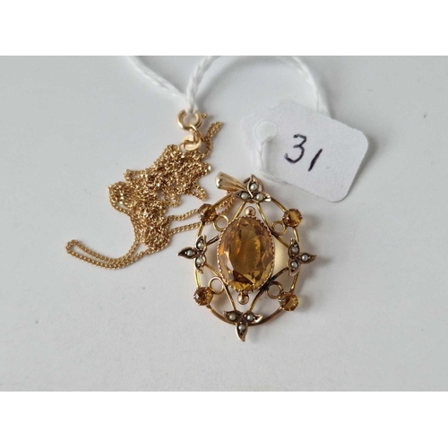 31 - A antique Edwardian citrine and half pearl set pendant 9ct on 9ct chain