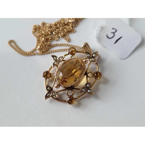 31 - A antique Edwardian citrine and half pearl set pendant 9ct on 9ct chain