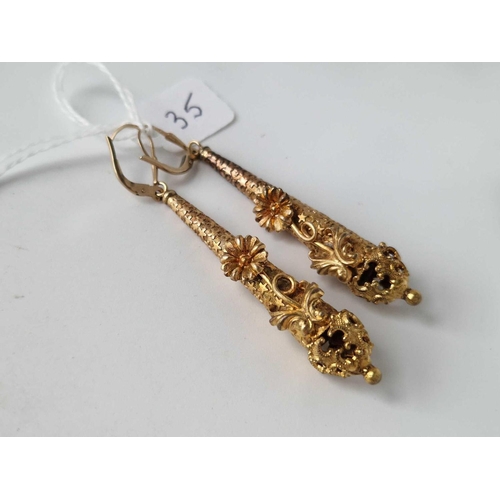 35 - A pair of antique pinchbeck long drop earrings with 9ct fittings