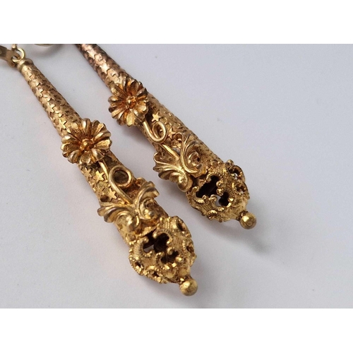 35 - A pair of antique pinchbeck long drop earrings with 9ct fittings