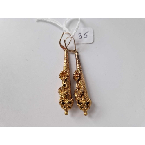 35 - A pair of antique pinchbeck long drop earrings with 9ct fittings