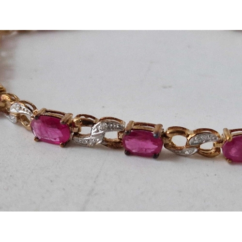 80 - A ruby & diamond (2 diamonds out) 9ct ladies bracelet 7.3g