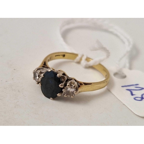 128 - A SAPPHIRE AND DIAMOND RING 18CT GOLD SIZE O 3.8 GMS