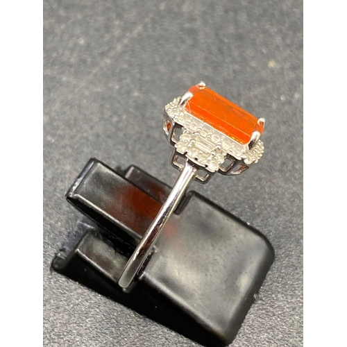 142 - Fine Edwardian Diamond and fire Opal ring set with baguette and round Diamonds Size O 9ct