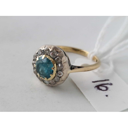 16 - A blue zircon cluster ring with diamond borders 18ct gold size M 3.6 gms