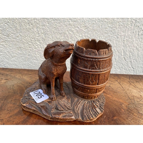 1705 - An Austrian carved wood spill holder / ink stand with seated dog, 6