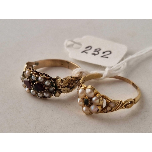 232 - A AMETHYST AND PEARL ANTIQUE RING SIZE Q AND PERIDOT AND PEARL ANTIQUE RING SIZE R BOTH IN GOLD 4.3 ... 