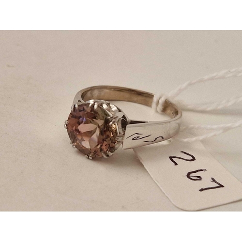 267 - 18ct white gold hallmarked single stone ring set with a pink tourmaline, size P, 5.5g