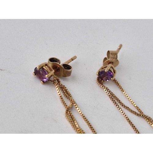 301 - A pair of amethyst drop earrings 4cm drop 9ct 2 gms