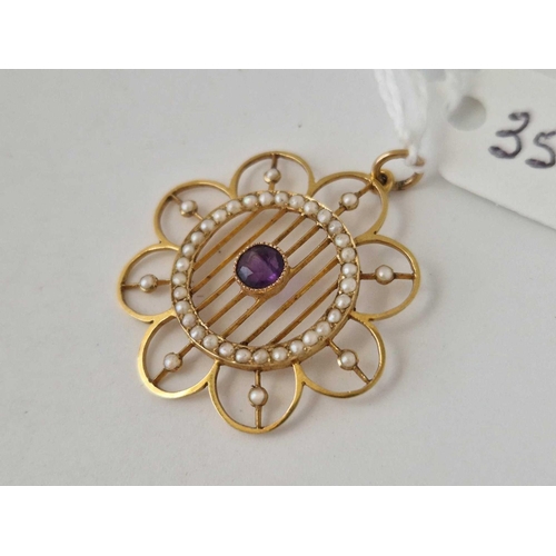 358 - A AMETHYST AND PEARL PENDANT 15CT GOLD BOXED