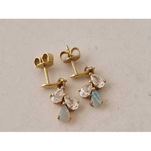 397 - A pair of opal and clear stone drop earrings 9ct 1.6 gms