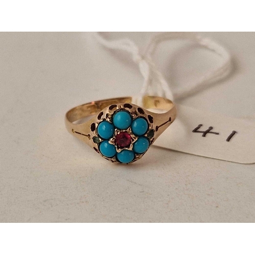 41 - Antique Victorian 15ct hallmarked turquoise and ruby cluster ring with peridot highlights, Size P