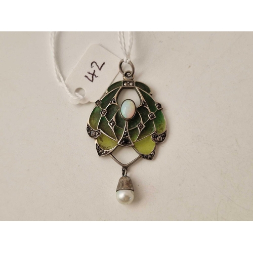 42 - Art Nouveau silver plique a jour enamelled pendant, French marked depose 900, set with an opal, marc... 