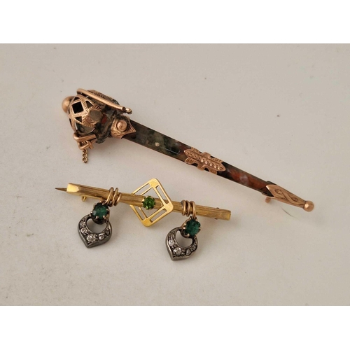 436 - A gold dirk brooch and gem set brooch 6.3 gms inc.