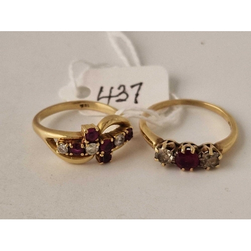 437 - TWO DIAMOND AND RUBY SET RINGS BOTH 18CT GOLD SIZE N AND O 7.2 GMS INC.