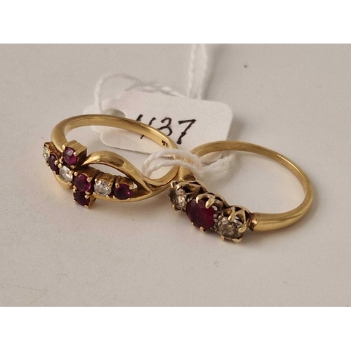 437 - TWO DIAMOND AND RUBY SET RINGS BOTH 18CT GOLD SIZE N AND O 7.2 GMS INC.