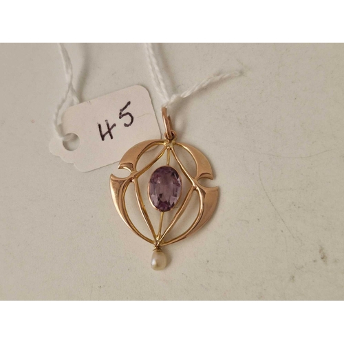 45 - Art Nouveau 9ct pendant set with an amethyst and a pearl drop