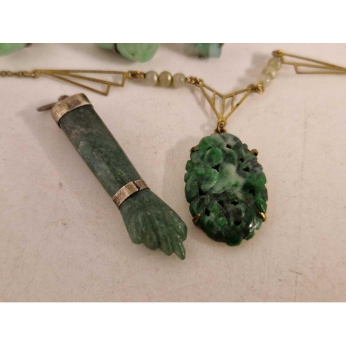 453 - A pair of jade earrings ring pendant and pointer