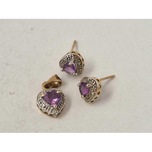 494 - A pair of small amethyst and diamond heart earrings and pendant in gold 1.8 gms