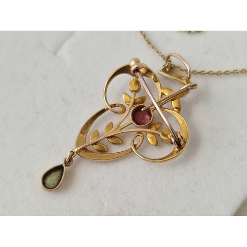 56 - A EDWARDIAN PINK TOURMALINE PERIDOT AND PEARL PENDANT ON 15CT GOLD 15 INCH CHAIN