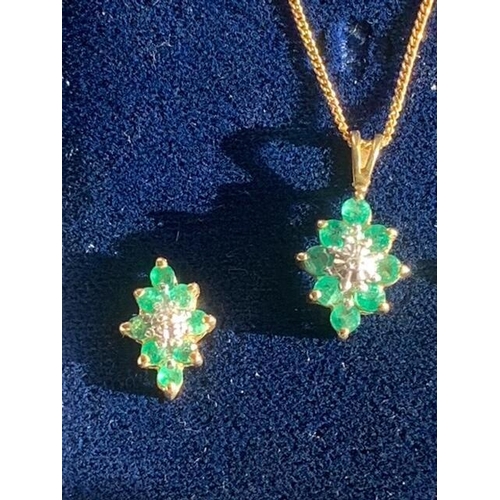 61 - A good Emerald & diamond necklace and earring suite set in 9ct gold 3.2g