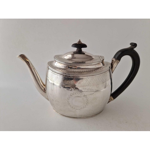 991 - A George III oval teapot with bright cut bands, London 1799 by RI, 470 g