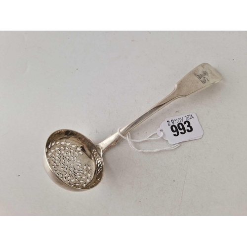 993 - An early Victorian crested fiddle pattern sifter spoon, London 1840 by WE