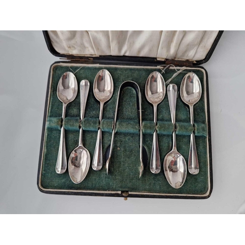 1002 - A set of six Hanoverian pattern tea spoons & a pair of tongs, Sheffield by JD&S, 126g