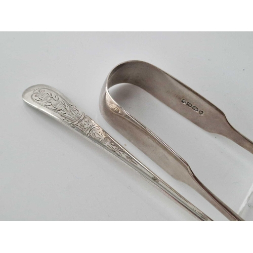 1005 - A pair of fiddle pattern sugar tongs, London 1858 & a plated runcible spoon