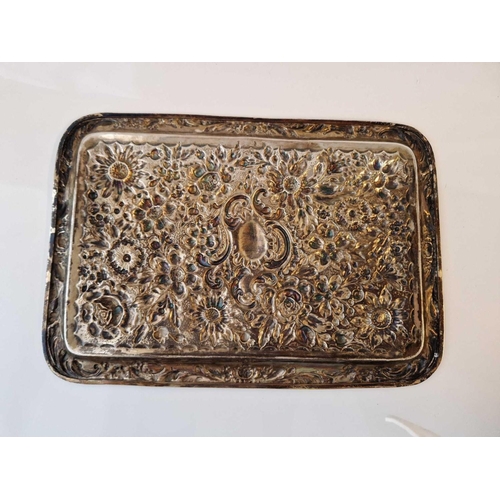 1051 - Rectangular embossed dressing table tray with flowers and scrolls. 12 in wide. Chester 1904 By JD WD... 