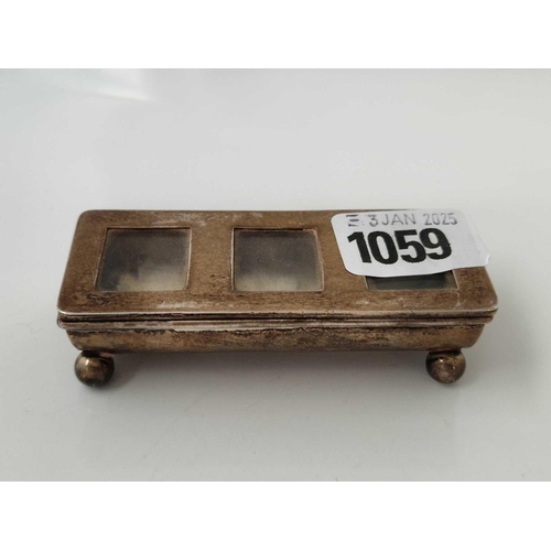 1059 - Stamp trough with three divisions and ball feet 3.5 in wide. Birmingham probably 1899