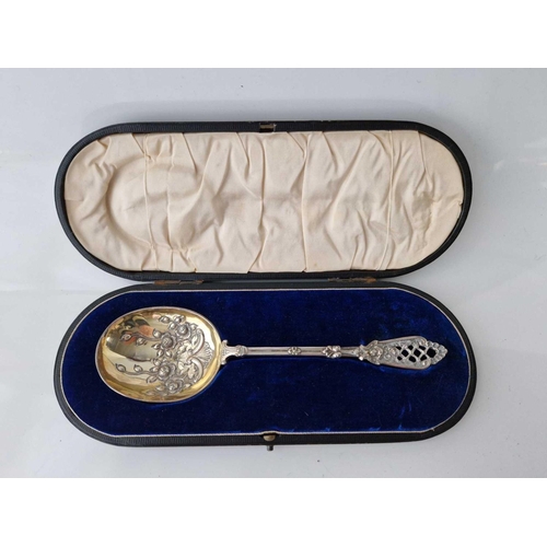 1087 - Fancy serving spoon with embossed decoration. 8 in long. London 1906. 62gms